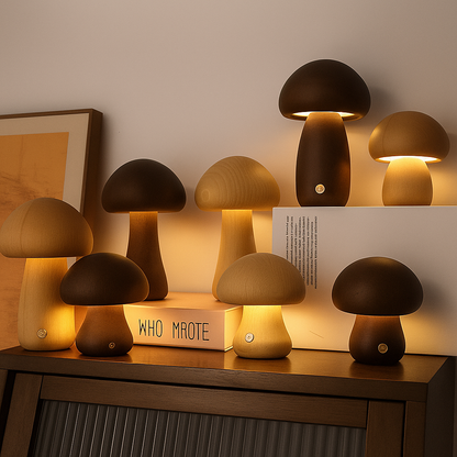 LumoNight Wooden Mushroom Night Light – LED Bedside Lamp with Touch Control