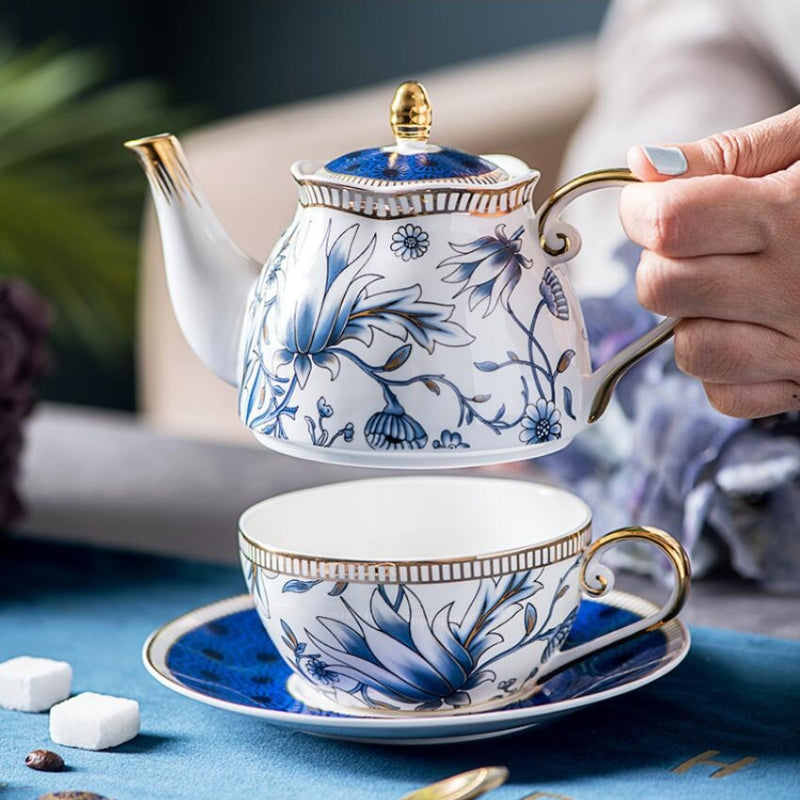 English Blue Floral Porcelain Tea for One Set – Elegant Teapot, Cup & Saucer Set