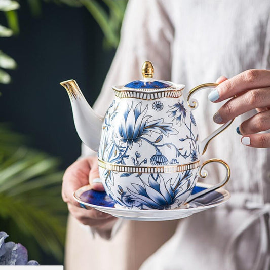 English Blue Floral Porcelain Tea for One Set – Elegant Teapot, Cup & Saucer Set
