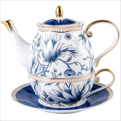 English Blue Floral Porcelain Tea for One Set – Elegant Teapot, Cup & Saucer Set