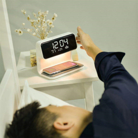 3-in-1 Bedside Lamp with Wireless Charger – LCD Alarm Clock & Touch Dimmable LED Table Lamp