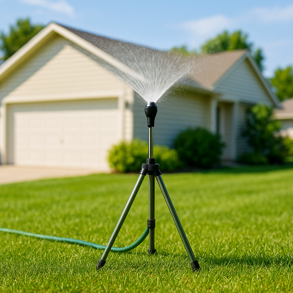 Adjustable 360° Garden Sprinkler on Tripod – Stainless Steel Height-Adjustable Lawn Irrigation System