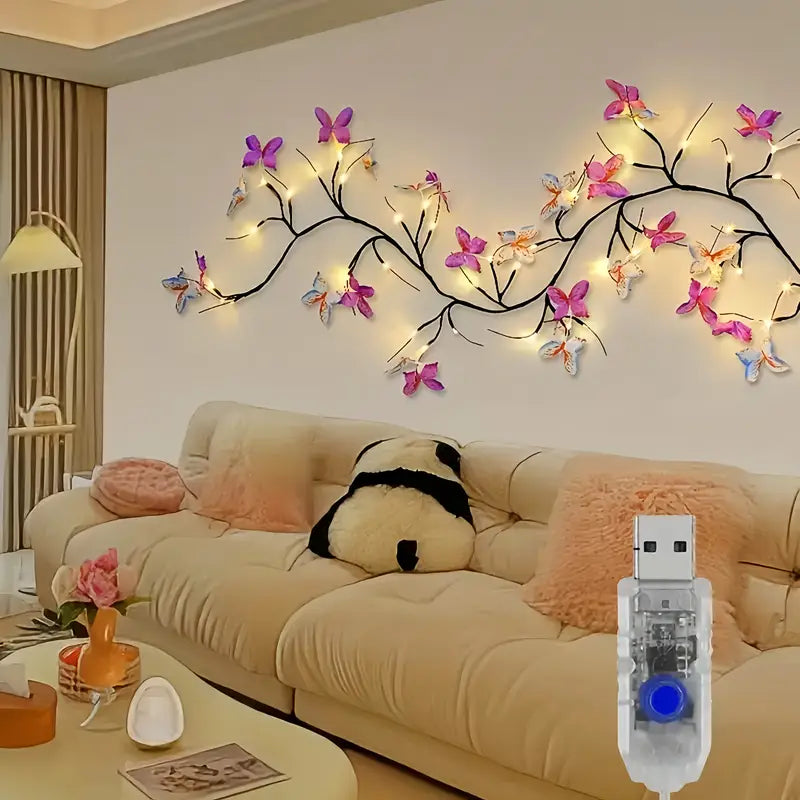 Flexible LED Willow Branch Night Light with Butterfly Decorations – USB Fairy Light Tree