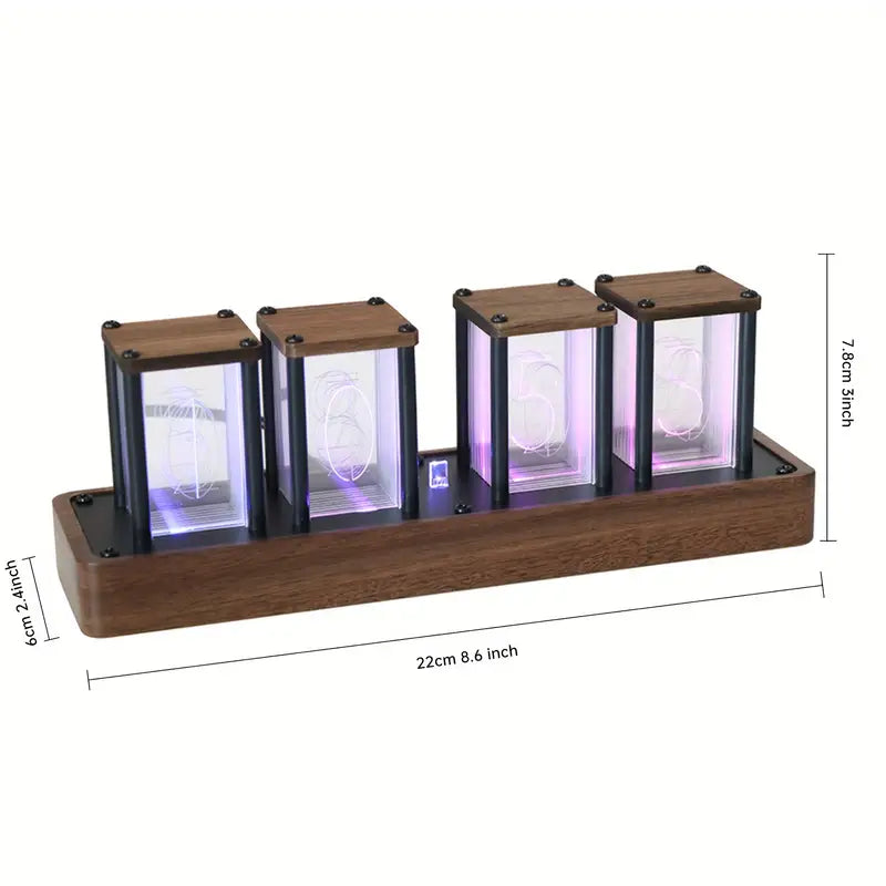Retro Tube Digital Clock with Wi-Fi Time Sync & Walnut Wood Finish – USB Powered LED Display