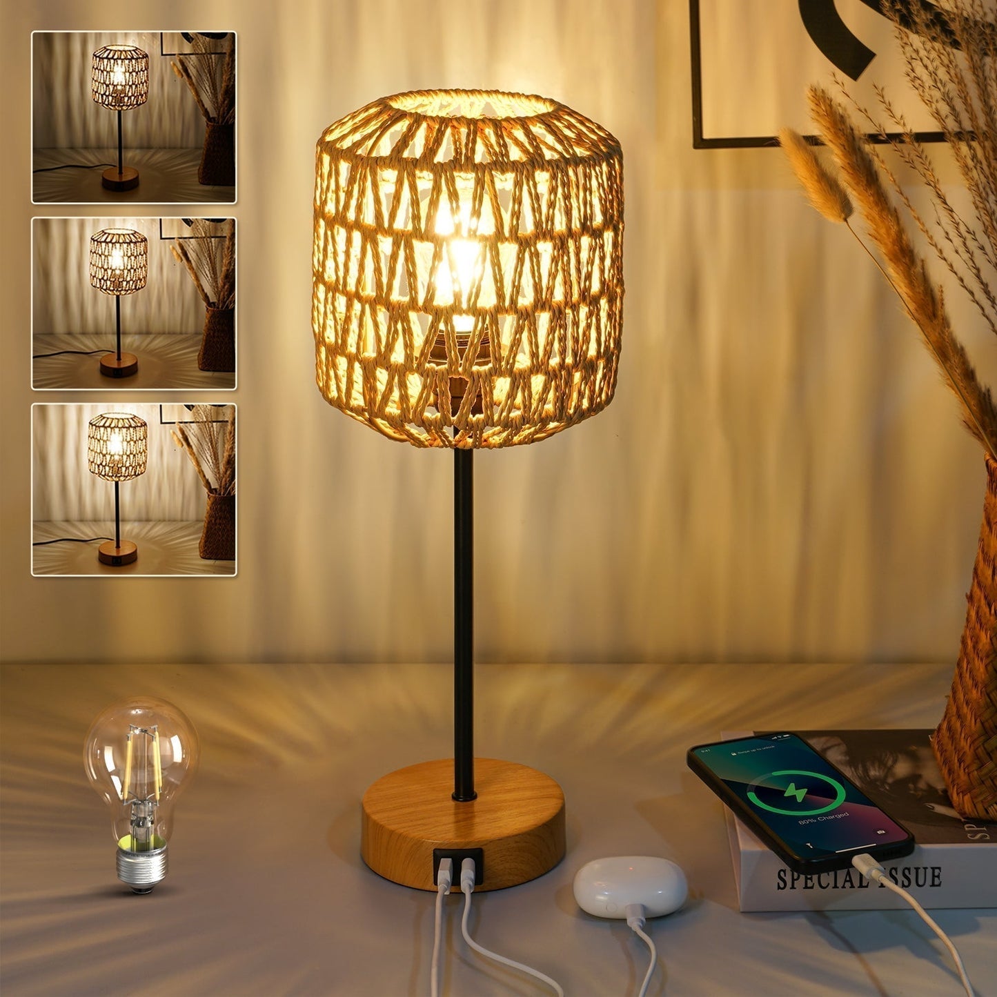 BohoBeam – 3-Way Dimmable Rattan Table Lamp with Touch Control & USB Port | Boho Chic Desk Light