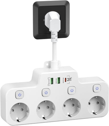 Swivel Wall-Mounted Power Strip with Independent Switches – 3 Outlets + 2 USB-A + 1 USB-C Ports