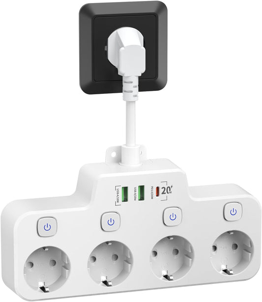 Swivel Wall-Mounted Power Strip with Independent Switches – 3 Outlets + 2 USB-A + 1 USB-C Ports