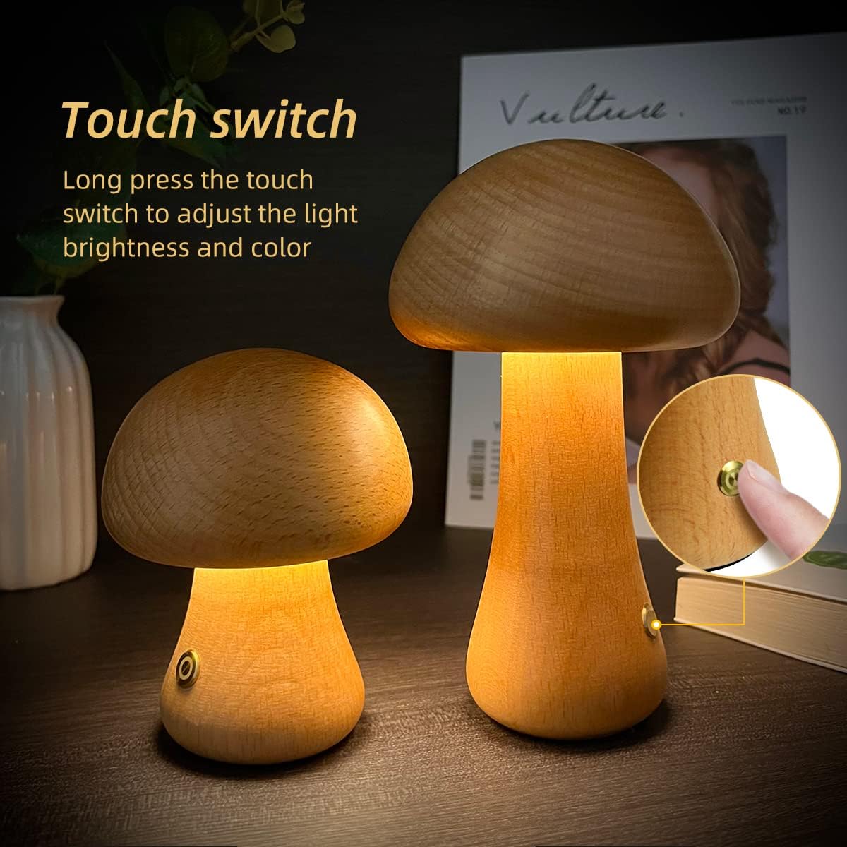 LumoNight Wooden Mushroom Night Light – LED Bedside Lamp with Touch Control