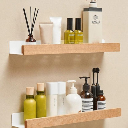 Solid Wood Bathroom Shelf – No-Drill Wall Mounted Bathroom Organiser