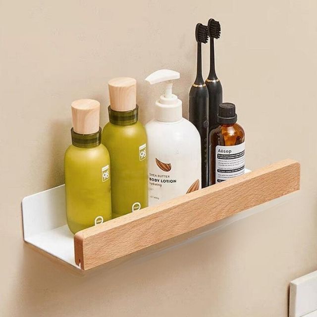 Solid Wood Bathroom Shelf – No-Drill Wall-Mounted Organiser Rack