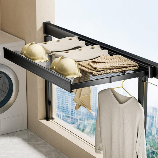Wall-Mounted Clothes Drying Rack with Grid Shelf and Hook Rail – Space-Saving Laundry Solution