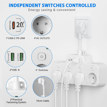 Swivel Wall-Mounted Power Strip with Independent Switches – 3 Outlets + 2 USB-A + 1 USB-C Ports