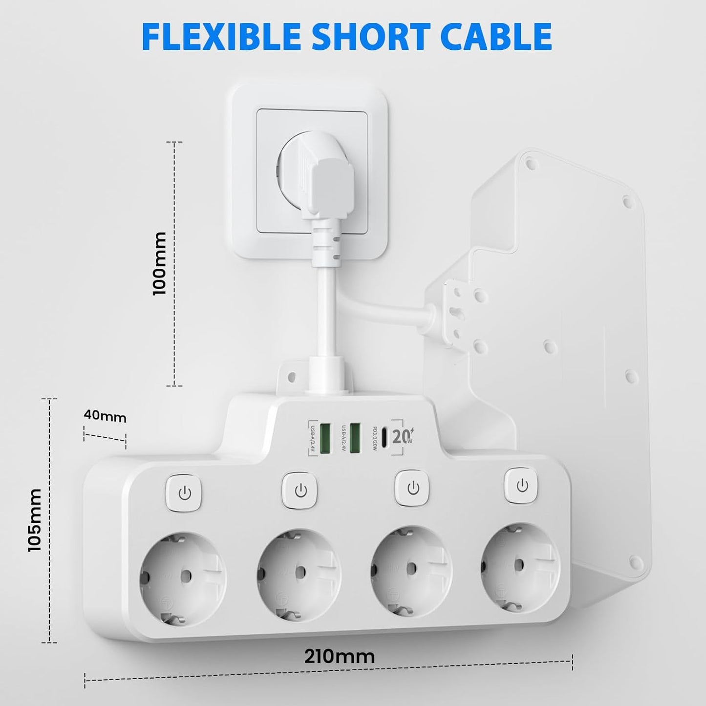 Swivel Wall-Mounted Power Strip with Independent Switches – 3 Outlets + 2 USB-A + 1 USB-C Ports