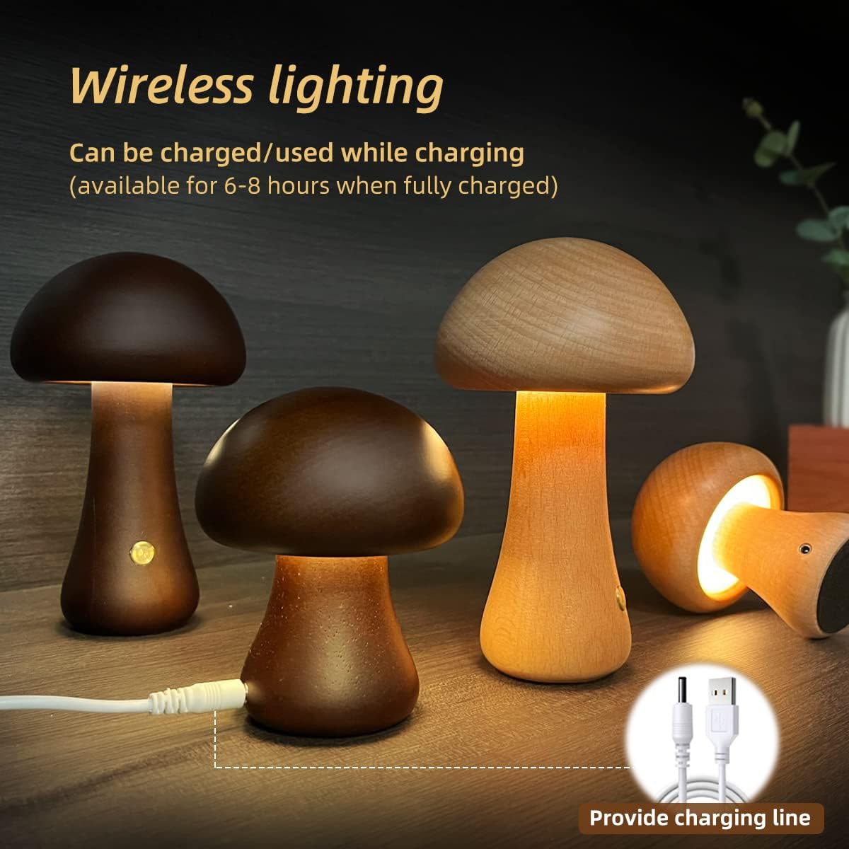LumoNight Wooden Mushroom Night Light – LED Bedside Lamp with Touch Control