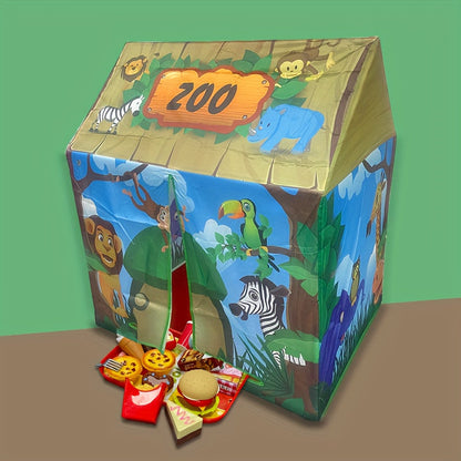 Safari Jungle Play Tent – Animal-Themed Kids Playhouse with Burger Toy Set