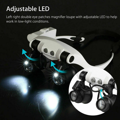 Adjustable Headband Magnifier with LED Light & 8 Lenses – Perfect for Jewelry, Watch Repair & Engraving