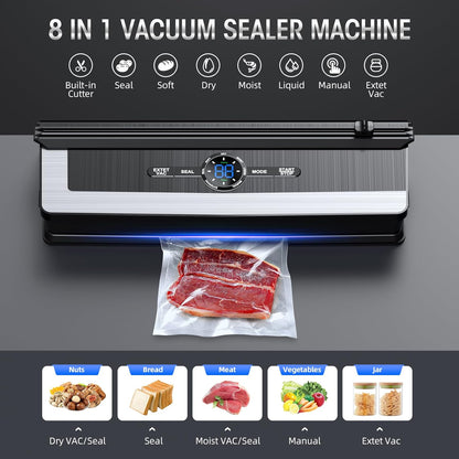 8-in-1 Vacuum Sealer with Built-In Cutter | Food Saver Machine for Dry & Moist Foods