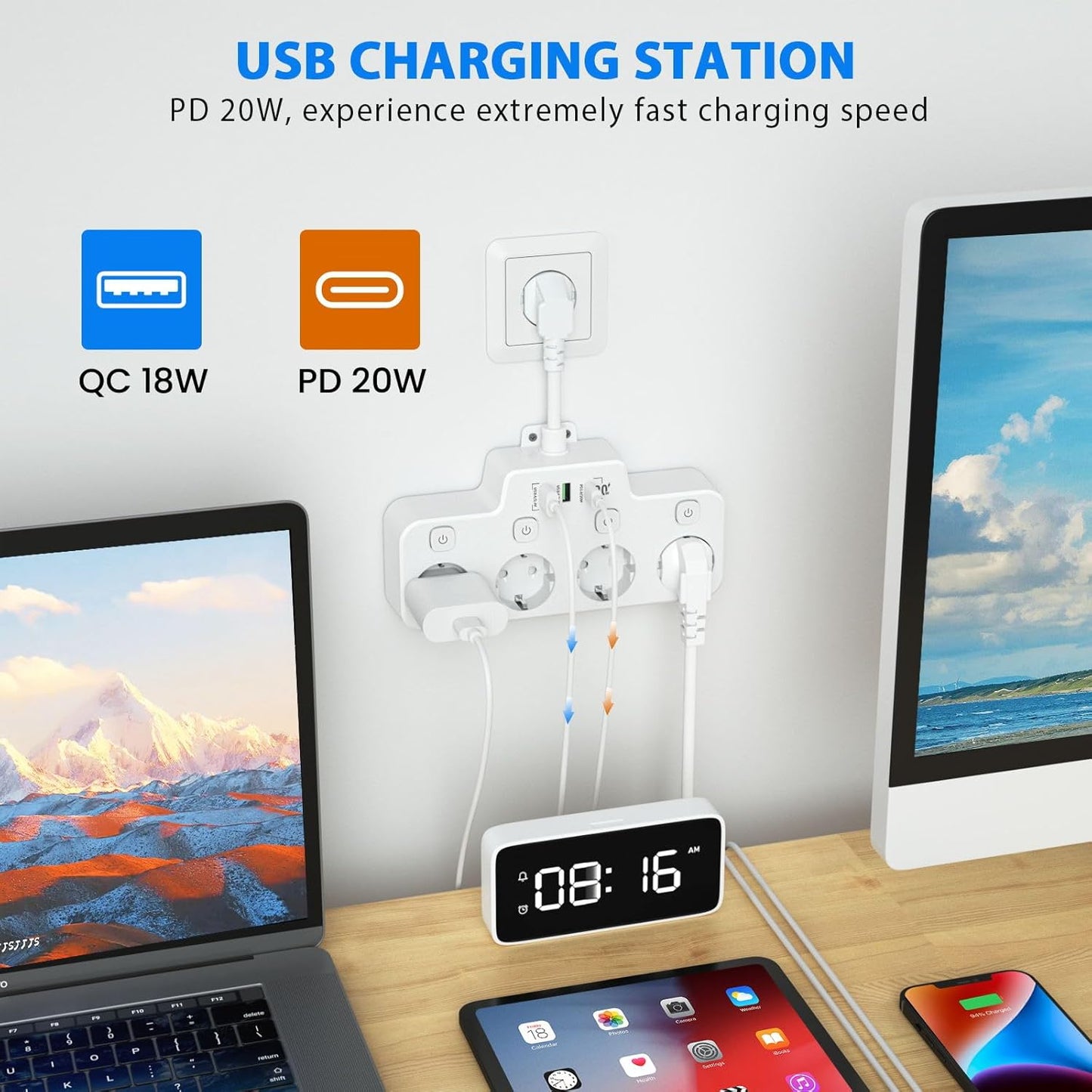 Swivel Wall-Mounted Power Strip with Independent Switches – 3 Outlets + 2 USB-A + 1 USB-C Ports