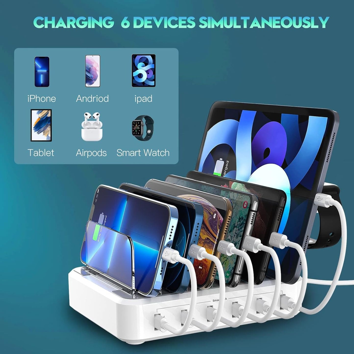 6-Port Multiple Device Fast Charging Station Organizer with Smart IC & Cable Set