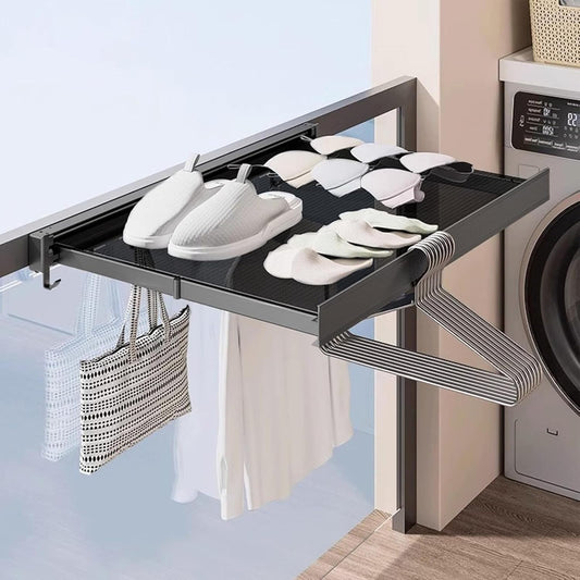 Wall-Mounted Clothes Drying Rack with Grid Shelf and Hook Rail – Space-Saving Laundry Solution