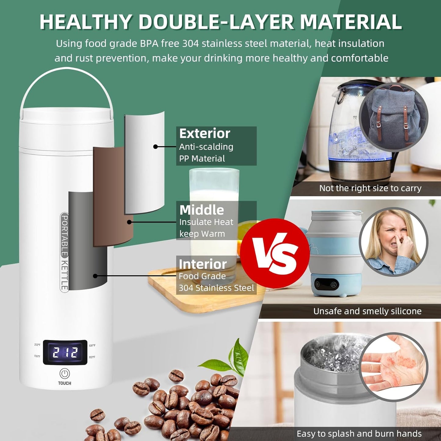 Portable Electric Travel Kettle | Compact Stainless Steel Smart Kettle with LCD