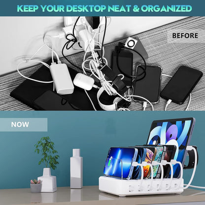 6-Port Multiple Device Fast Charging Station Organizer with Smart IC & Cable Set