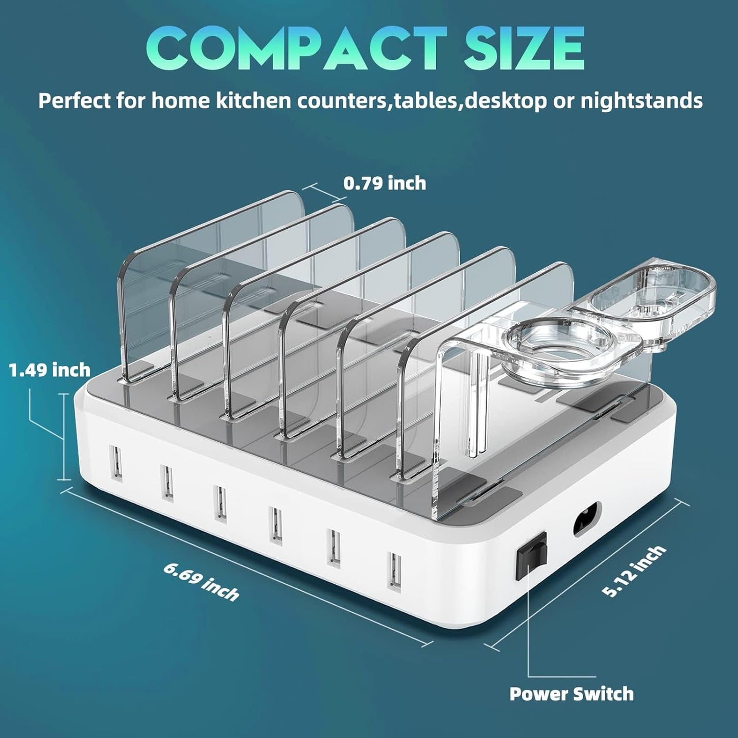 6-Port Multiple Device Fast Charging Station Organizer with Smart IC & Cable Set