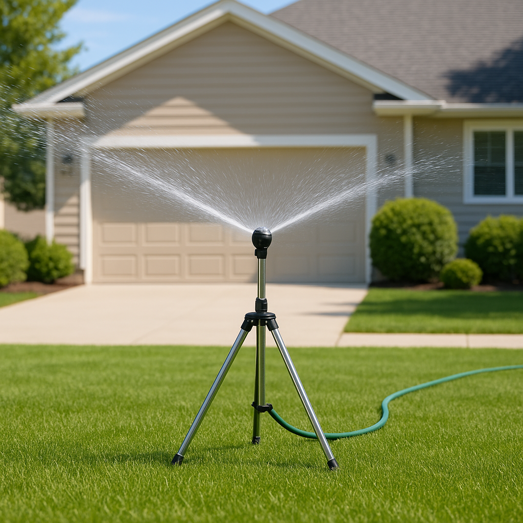Adjustable 360° Garden Sprinkler on Tripod – Stainless Steel Height-Adjustable Lawn Irrigation System