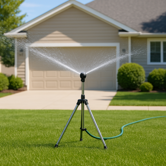 Adjustable 360° Garden Sprinkler on Tripod – Stainless Steel Height-Adjustable Lawn Irrigation System