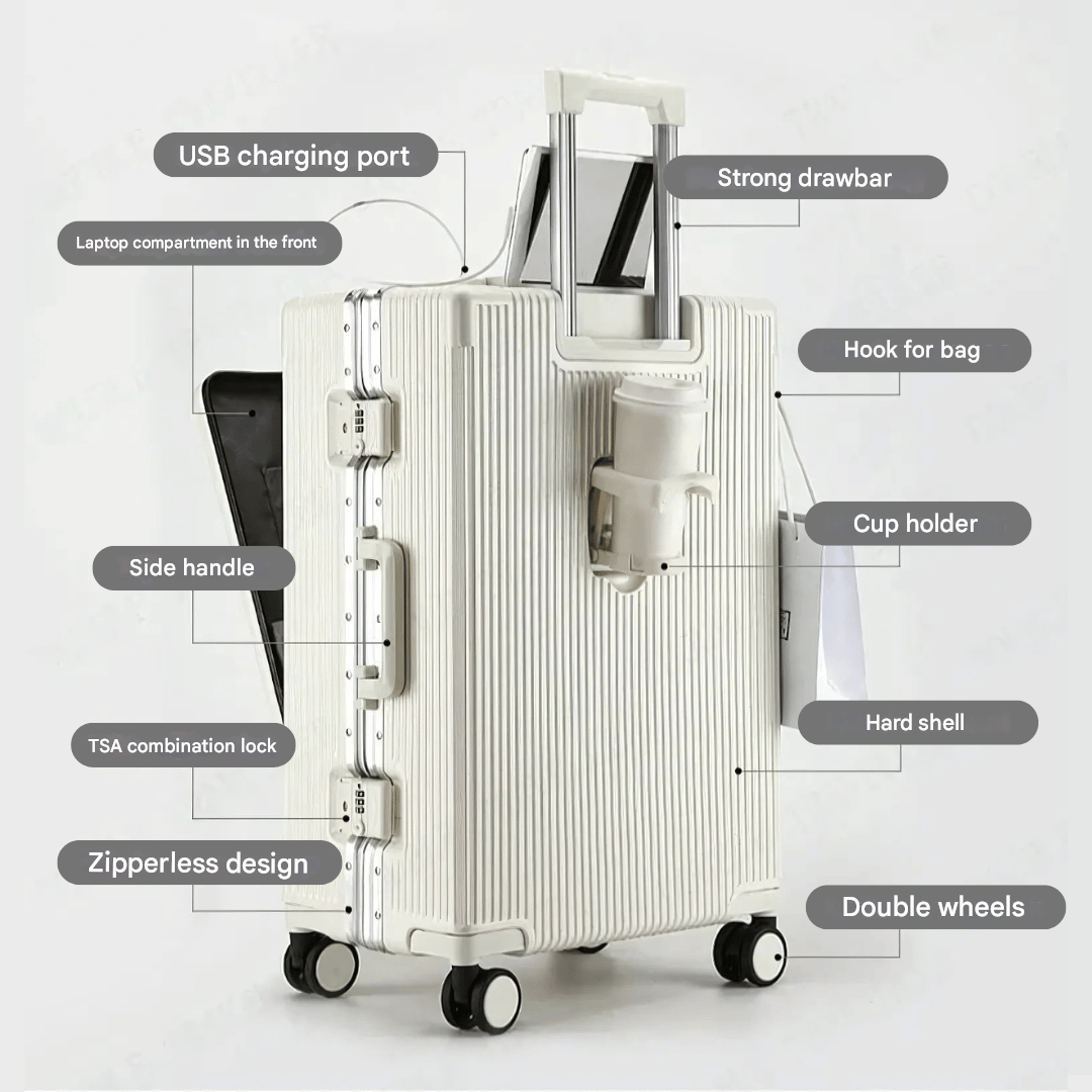 Manhattan Pro – Hard Shell Carry-On Suitcase with Aluminium Frame, Laptop Compartment & USB Ports