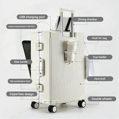 Manhattan Pro – Hard Shell Carry-On Suitcase with Aluminium Frame, Laptop Compartment & USB Ports