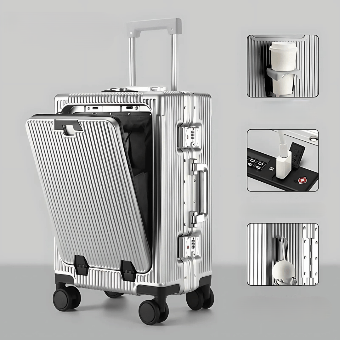 Manhattan Pro – Hard Shell Carry-On Suitcase with Aluminium Frame, Laptop Compartment & USB Ports
