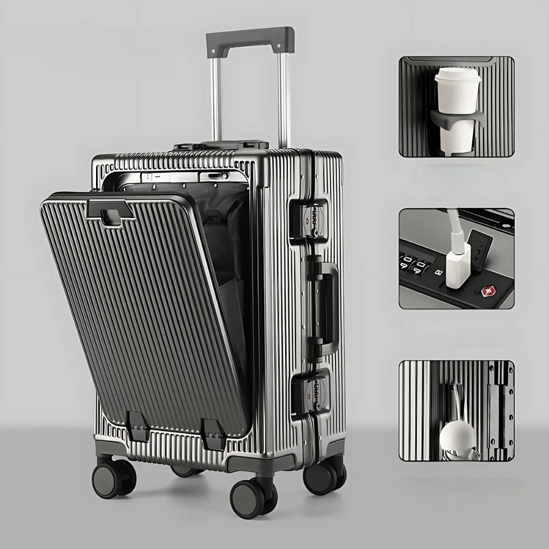 Manhattan Pro – Hard Shell Carry-On Suitcase with Aluminium Frame, Laptop Compartment & USB Ports