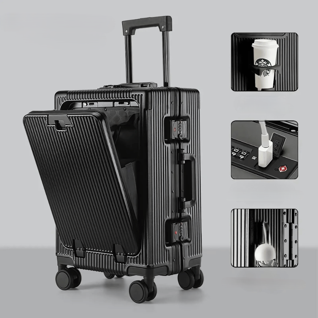Manhattan Pro – Hard Shell Carry-On Suitcase with Aluminium Frame, Laptop Compartment & USB Ports