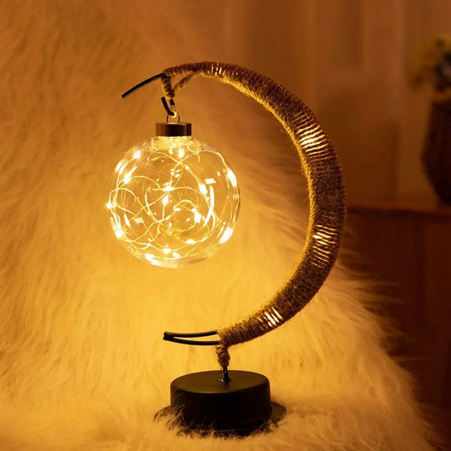 LunaGlow | Luxury Crescent Moon Rattan Table Lamp – Handcrafted Boho Light