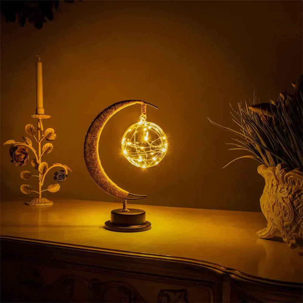 LunaGlow | Luxury Crescent Moon Rattan Table Lamp – Handcrafted Boho Light