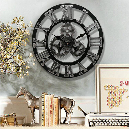 Retro Industrial Wall Clock – Decorative Wooden Gear Design for Home & Office