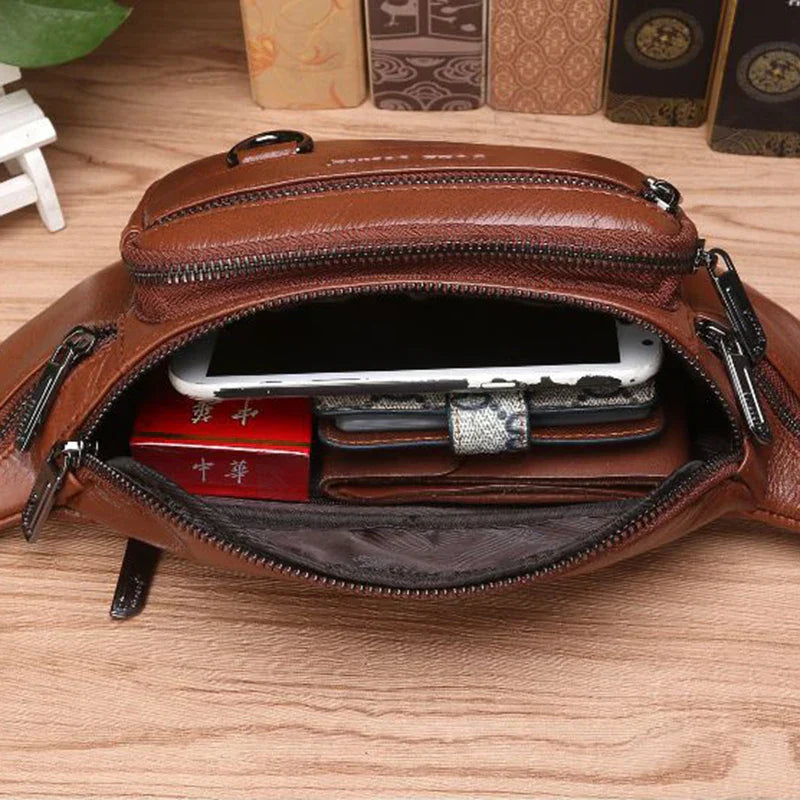 Genuine Cowhide Leather Waist Bag for Men – Large Capacity Fanny Pack, Belt & Crossbody Travel Bag