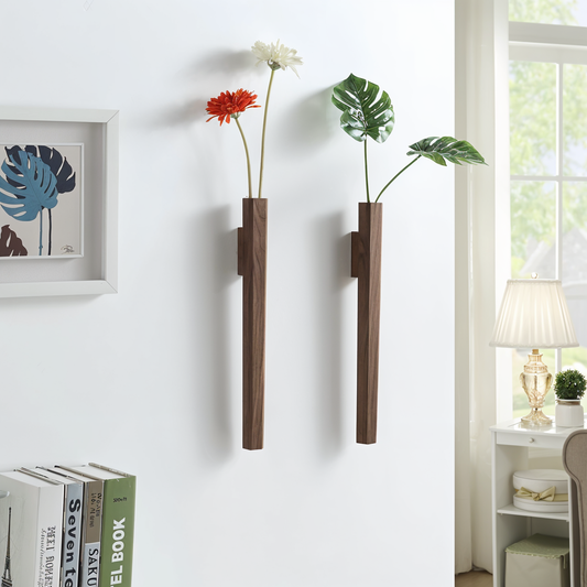 FreshFloret Wall-Mounted Wooden Vase – Solid Beech & Walnut Flower Display