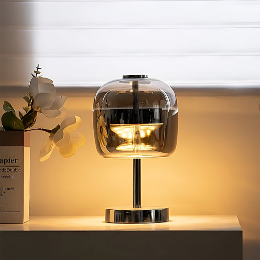 Gleam Glass Table Lamp – Smoky Grey USB-Powered Dimmable LED Light for Bedroom & Desk