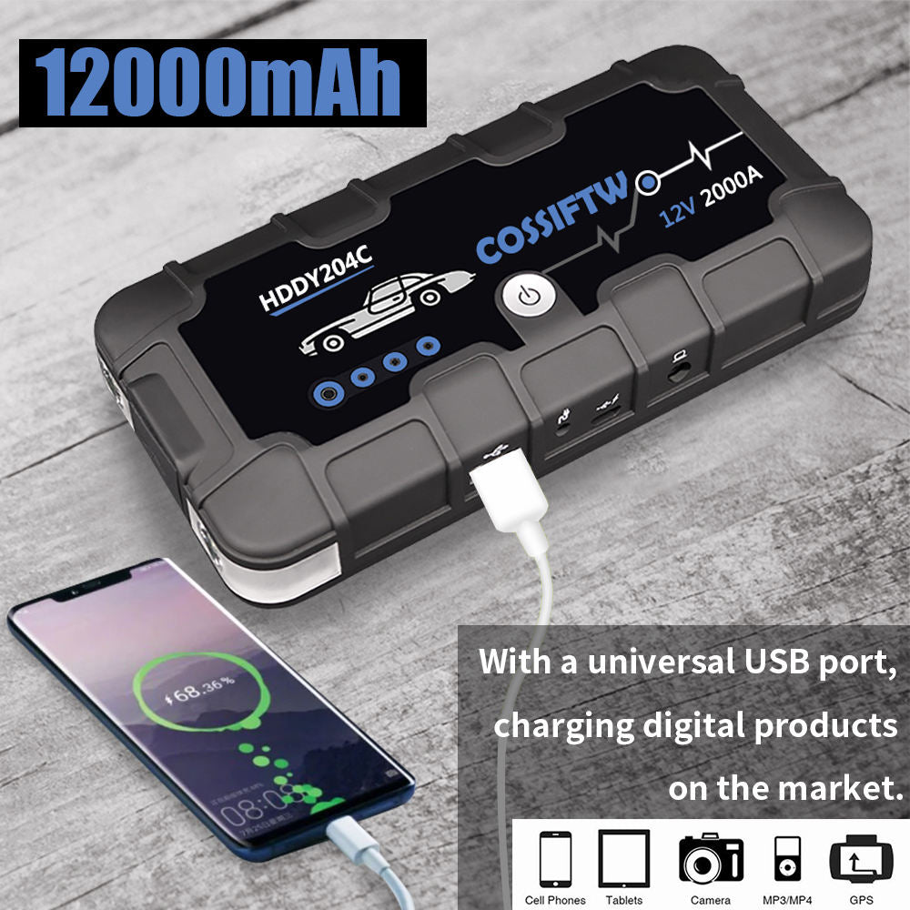 2000A UltraSafe 12V Car Jump Starter – Portable Battery Booster Pack with USB Charger & LED Flashlight – Up to 6.0L Petrol / 3.0L Diesel Engines