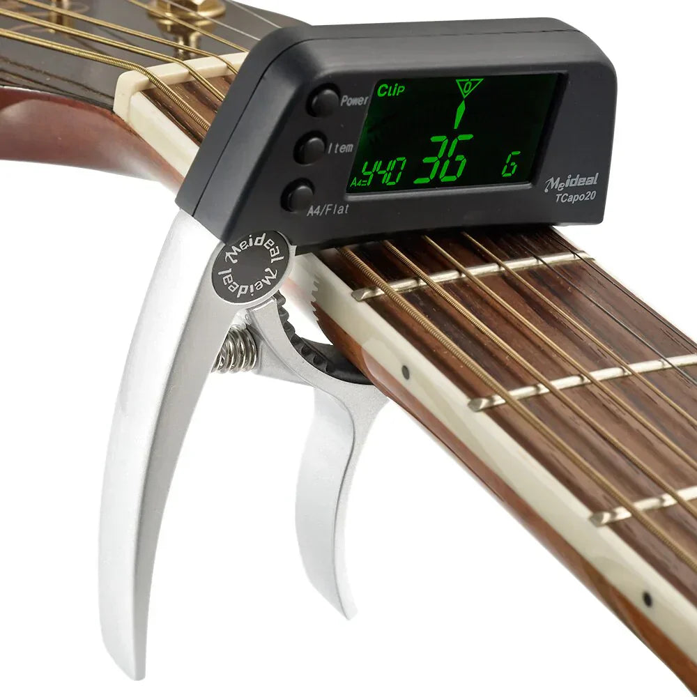 2-in-1 Guitar Capo and Tuner – Clip-On Digital Tuner for Acoustic, Electric, Bass, Ukulele & More