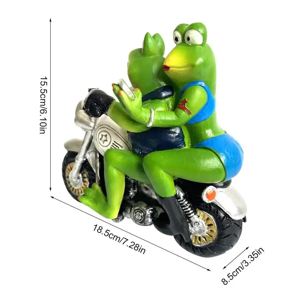 Biker Frog and His Lady Figurine | Quirky Motorcycle Frog Statue for Home & Garden