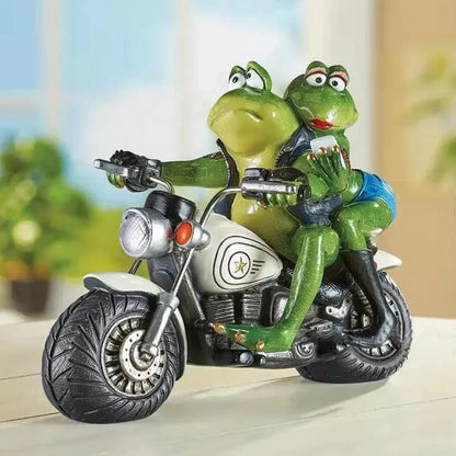 Biker Frog and His Lady Figurine | Quirky Motorcycle Frog Statue for Home & Garden