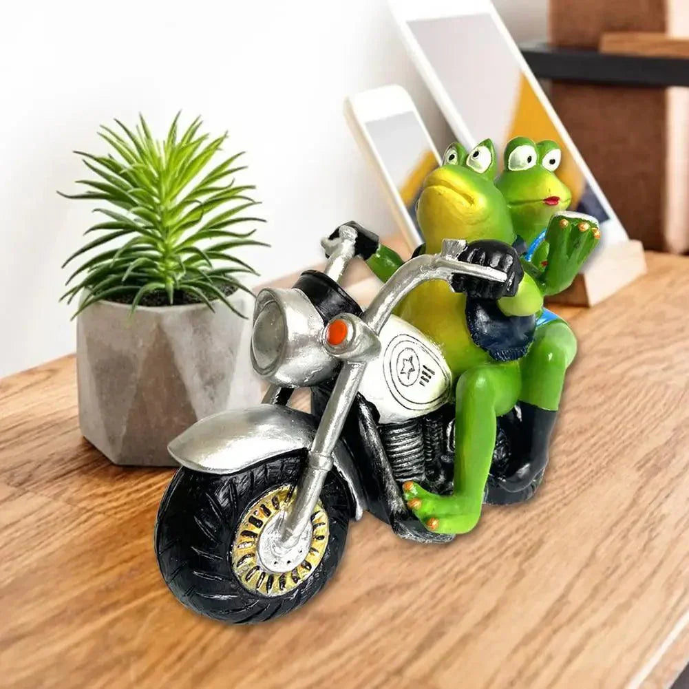 Biker Frog and His Lady Figurine | Quirky Motorcycle Frog Statue for Home & Garden