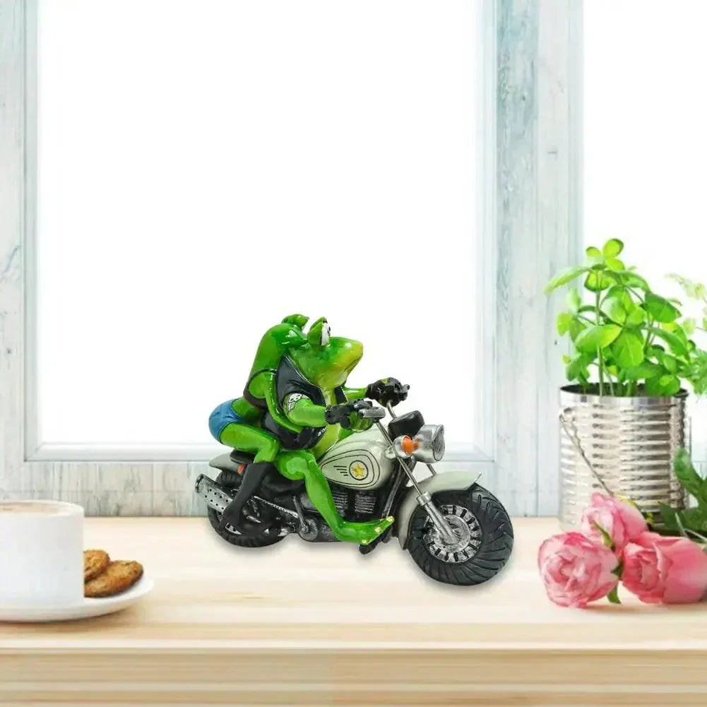 Biker Frog and His Lady Figurine | Quirky Motorcycle Frog Statue for Home & Garden