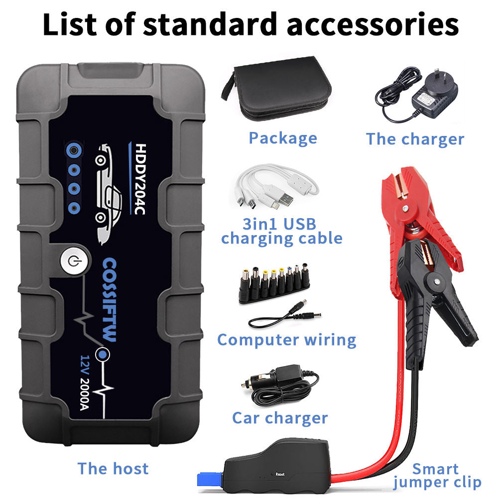 2000A UltraSafe 12V Car Jump Starter – Portable Battery Booster Pack with USB Charger & LED Flashlight – Up to 6.0L Petrol / 3.0L Diesel Engines