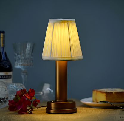 Vintage Flare – Dimmable Aluminium Table Lamp with Fabric Shade | Portable LED Lighting