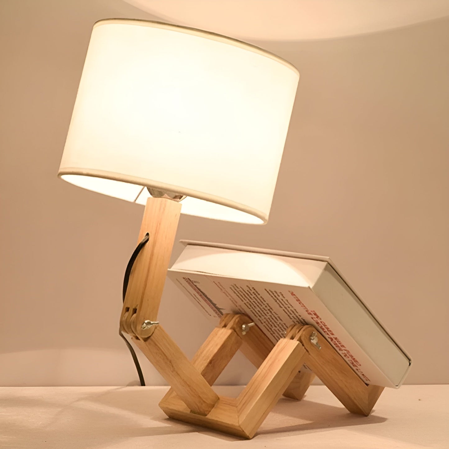 Flexible WoodMan Desk Lamp – Adjustable Solid Wood Robot Lamp with Book Holder