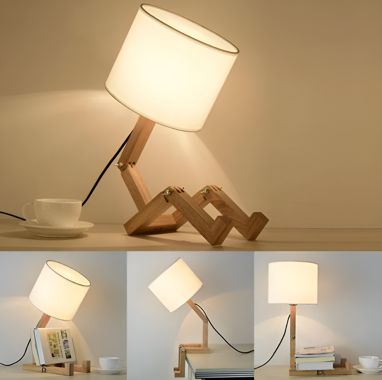 Flexible WoodMan Desk Lamp – Adjustable Solid Wood Robot Lamp with Book Holder